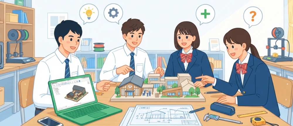 生徒が試作品を手に相談している様子