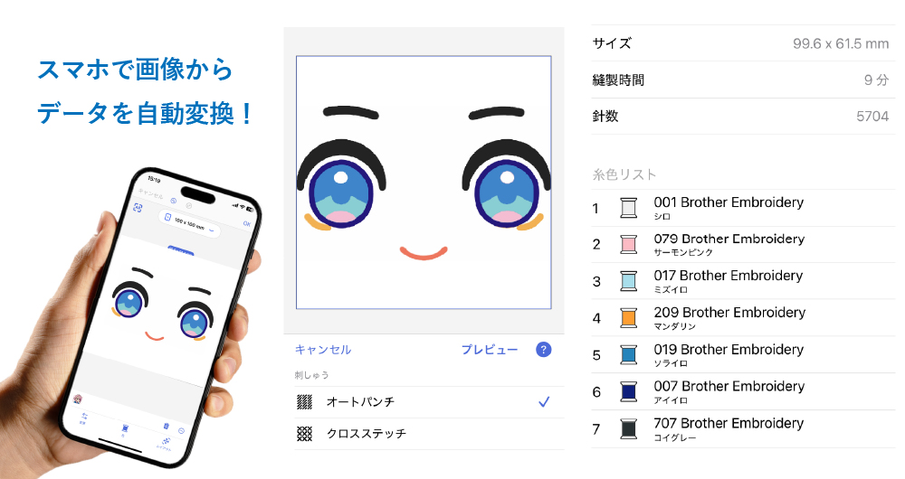 専用アプリ「Artspira(アートスピラ)」で作成した、推しぬいの顔データと刺しゅう時間の目安