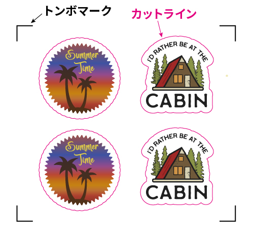 トンボマークとカットラインの付いたステッカーの印刷例